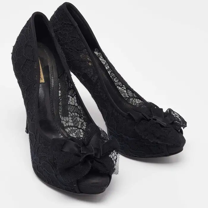 Dolce & Gabbana Black Floral Lace Bow Platform Peep Toe Pumps