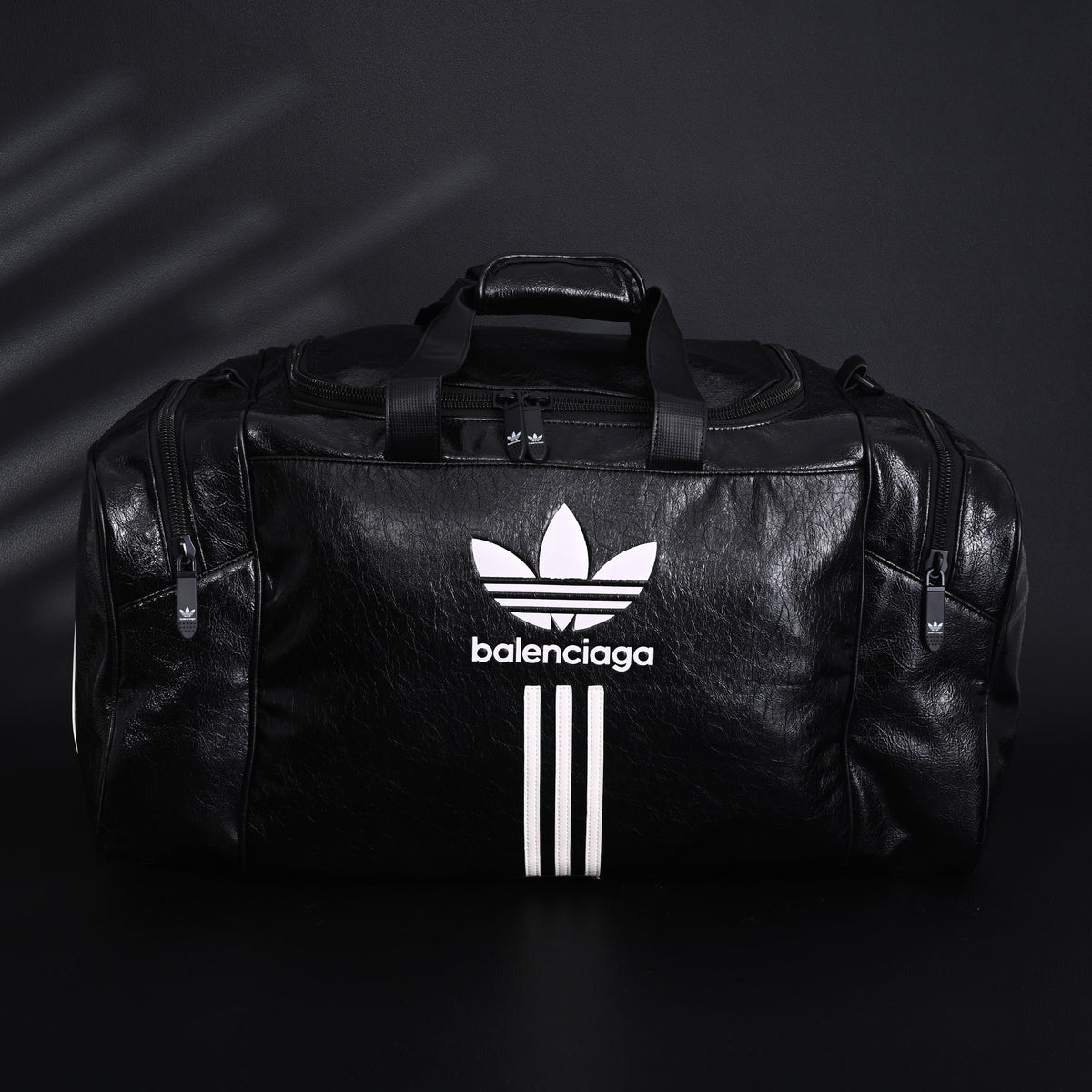 Balenciaga x adidas Large Duffel Travel Bag – Black with Trefoil Logo and Triple Stripes