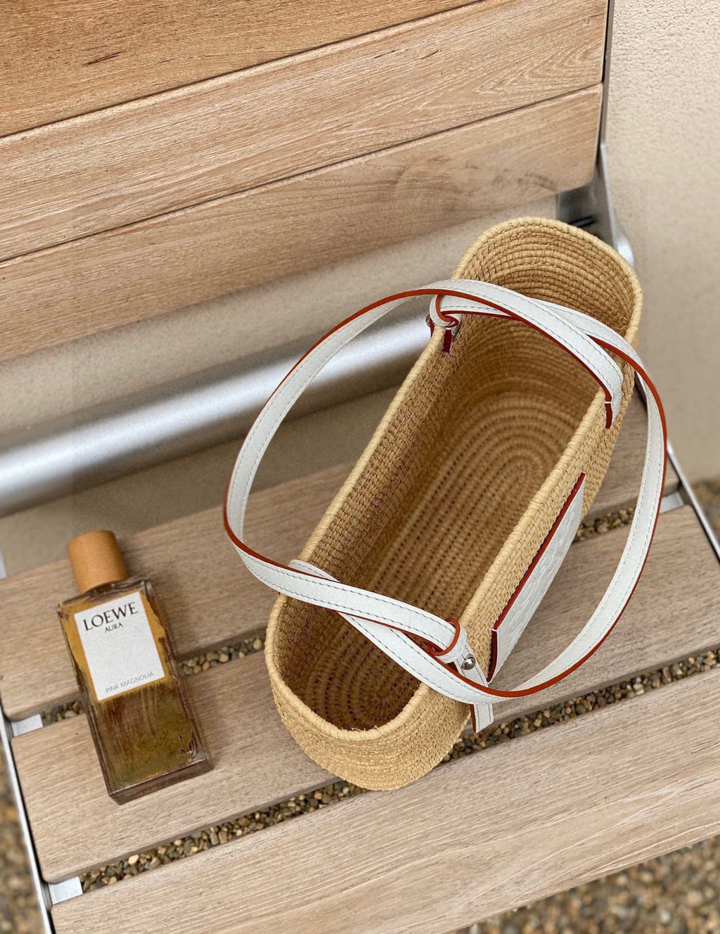 Loewe Small Square Basket Bag In Raffia And Calfskin NaturalWhite