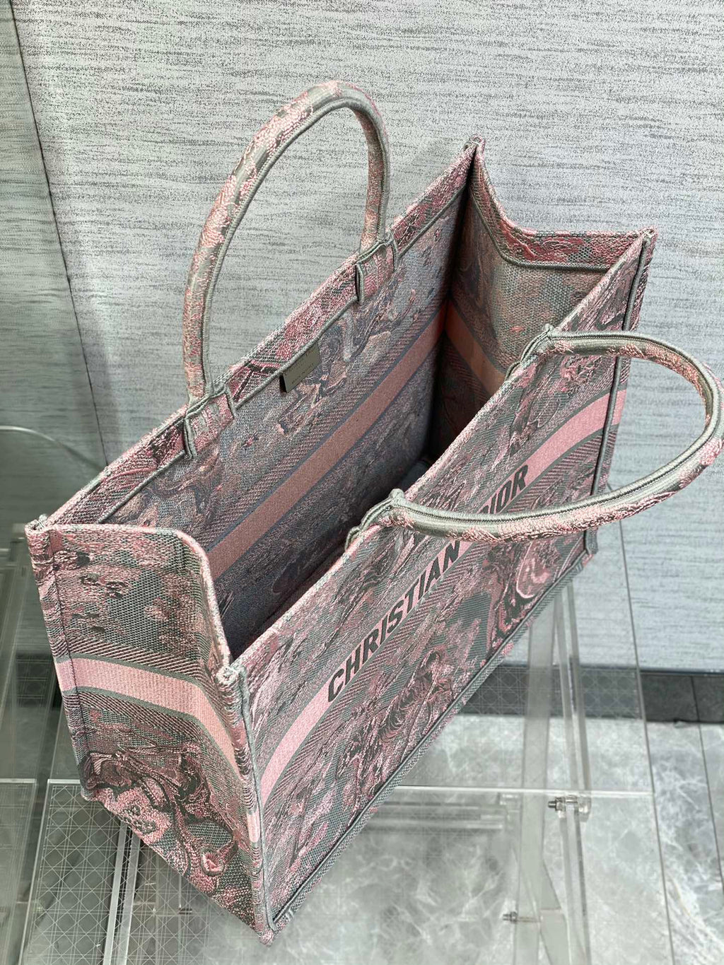 Dior Book Tote Large Gray and Pink Toile de Jouy Reverse Beverly Hills Embroidery - 42 x 35 x 18.5 cm